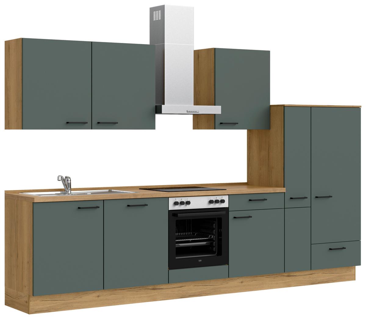 Küchenblock Easytouch Low m. Geräten Dunkelgrün - Dunkelgrün/Eichefarben, MODERN, Holzwerkstoff/Metall (330cm) - Nobilia