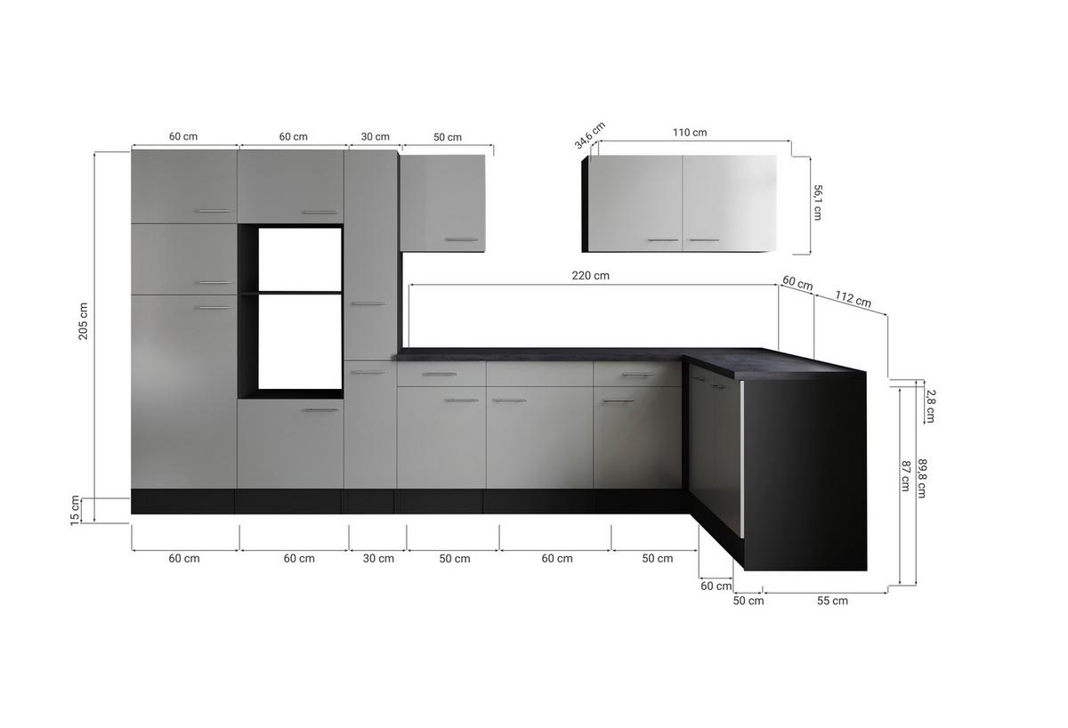 Kotna Kuhinja Brez Aparatov Oliver, 370x172cm - srebrne barve/siva, Design, kovina/leseni material (370/172cm) - Respekta