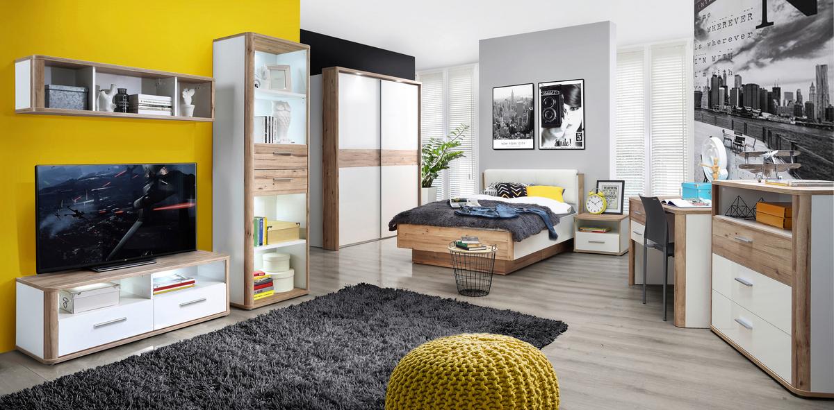 Postelja Tess, Bela, Barva Hrasta, 120x200 - barve hrasta/bela, Moderno, leseni material (120/200cm) - Xora