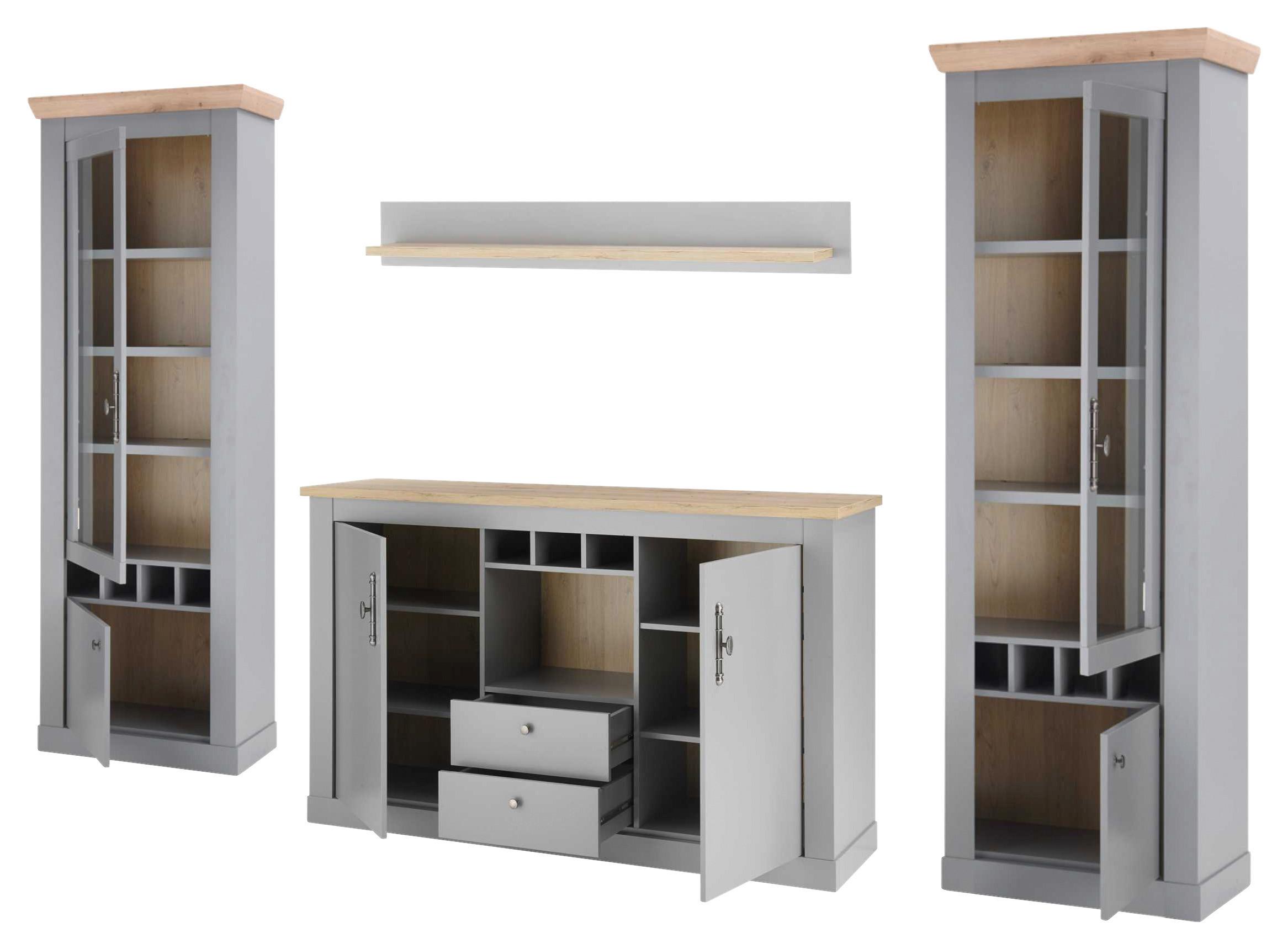 Wohnwand Chambord Eichefarben/Hellgrau - Eichefarben/Silberfarben, Design, Holzwerkstoff/Metall (328/201/44cm) - MID.YOU