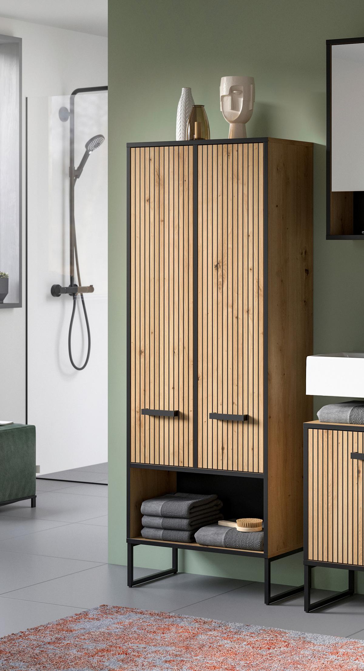 Hochschrank Bagno Eiche Artisan/Schwarz - Schwarz/Eiche Artisan, Trend, Holzwerkstoff/Kunststoff (59/159/32cm) - MID.YOU