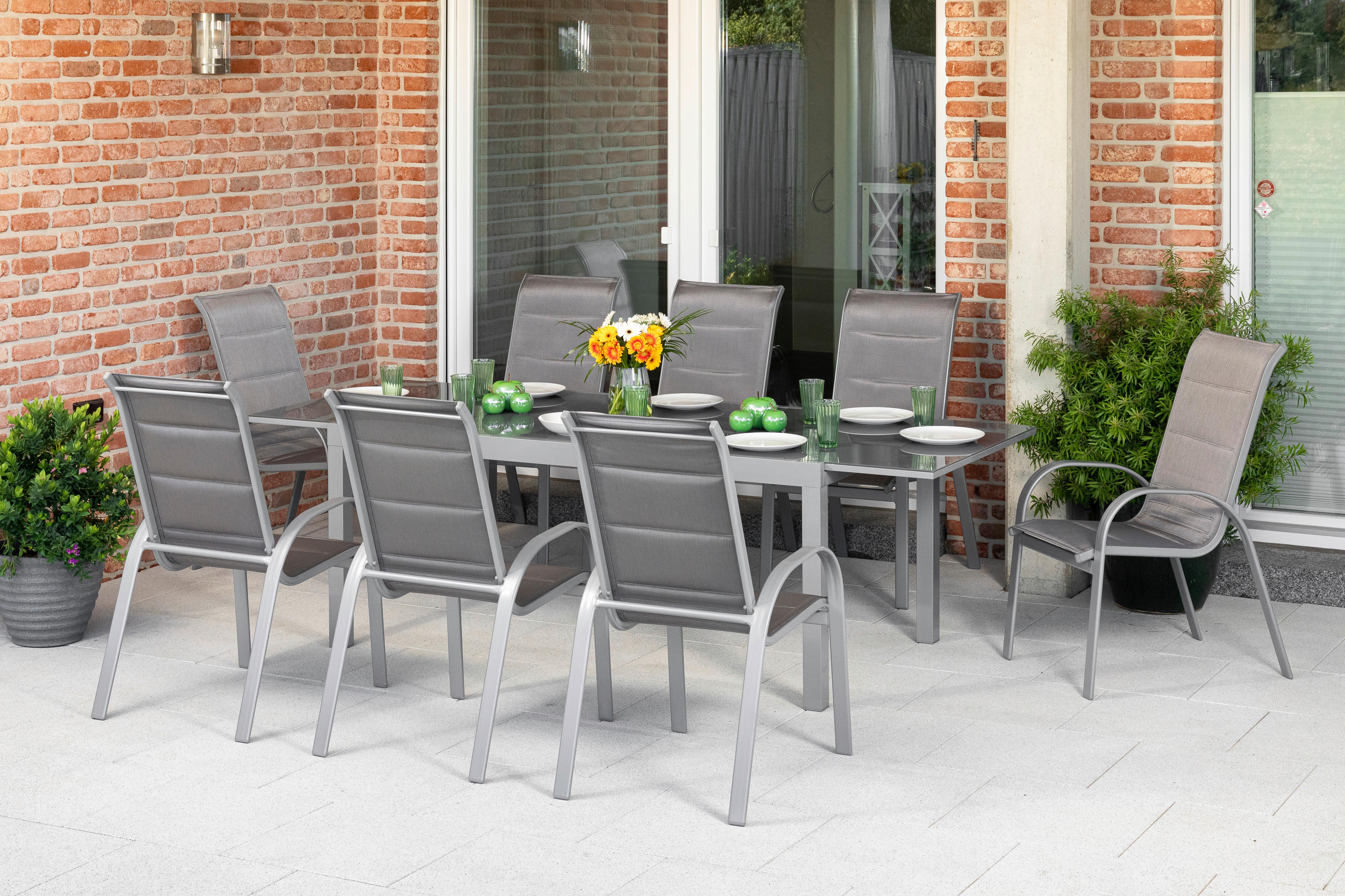 Vrtni Set Amalfi, 9-delni, Raztegljiva Miza - srebrne barve/rjava, Moderno, kovina/tekstil - Gardenson