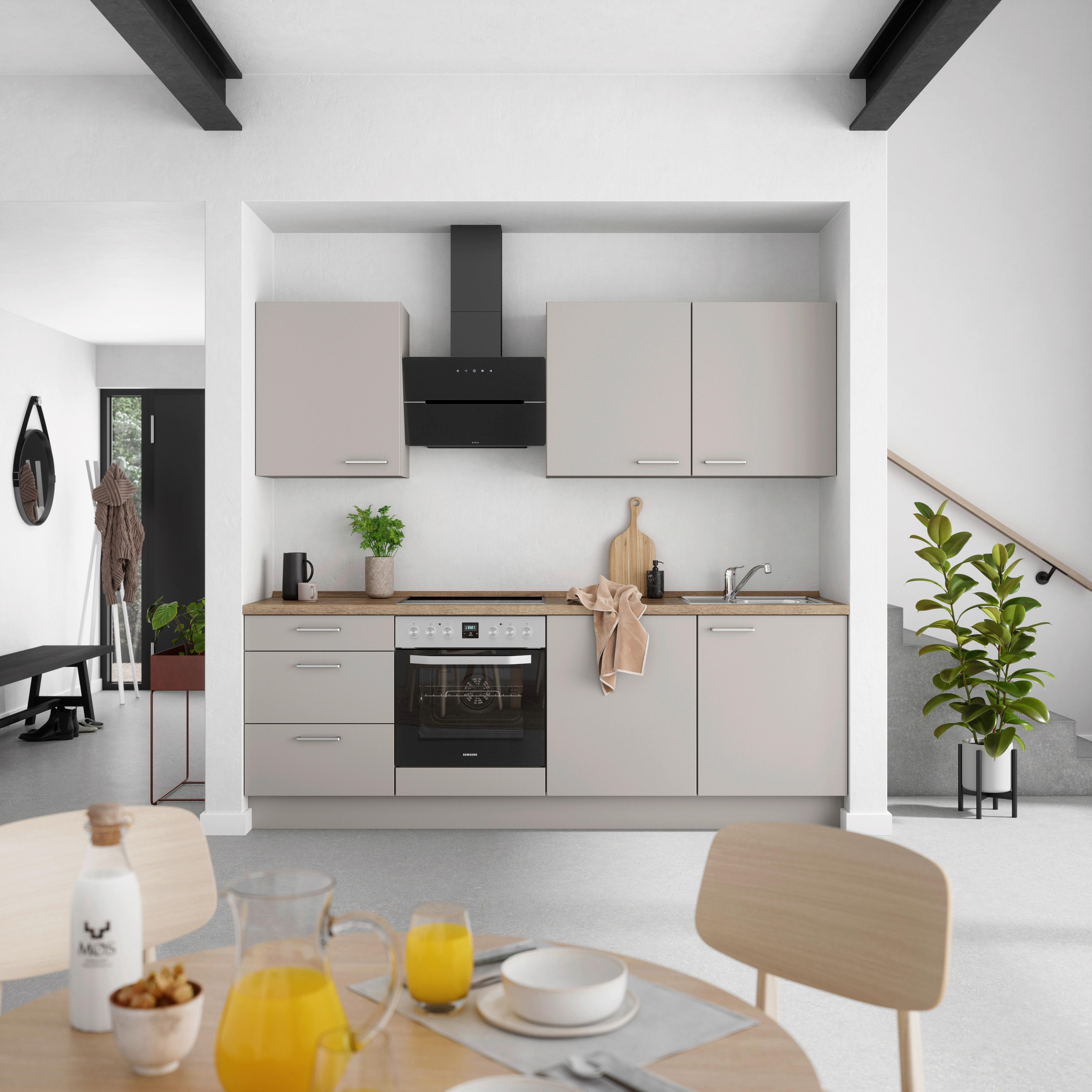 Küchenblock Touch High m. Geräten Grau - Eiche dunkel/Edelstahlfarben, MODERN, Holzwerkstoff/Metall (240cm) - Nobilia