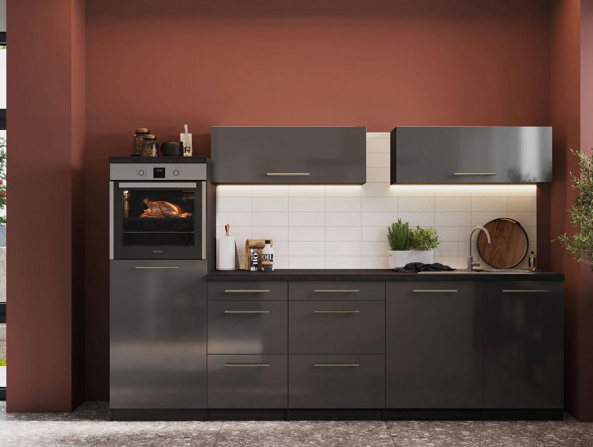 Inselküche Premium Grau m. Geräten B: ca. 280 cm - Eichefarben/Grau, Basics, Holzwerkstoff/Metall (280/160cm) - Respekta