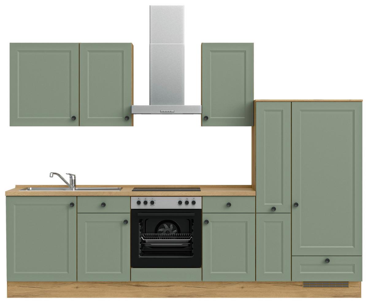 Küchenblock Cascada Low m. Geräten Schilfgrün - Schilfgrün/Eichefarben, MODERN, Holzwerkstoff/Metall (300cm) - Nobilia