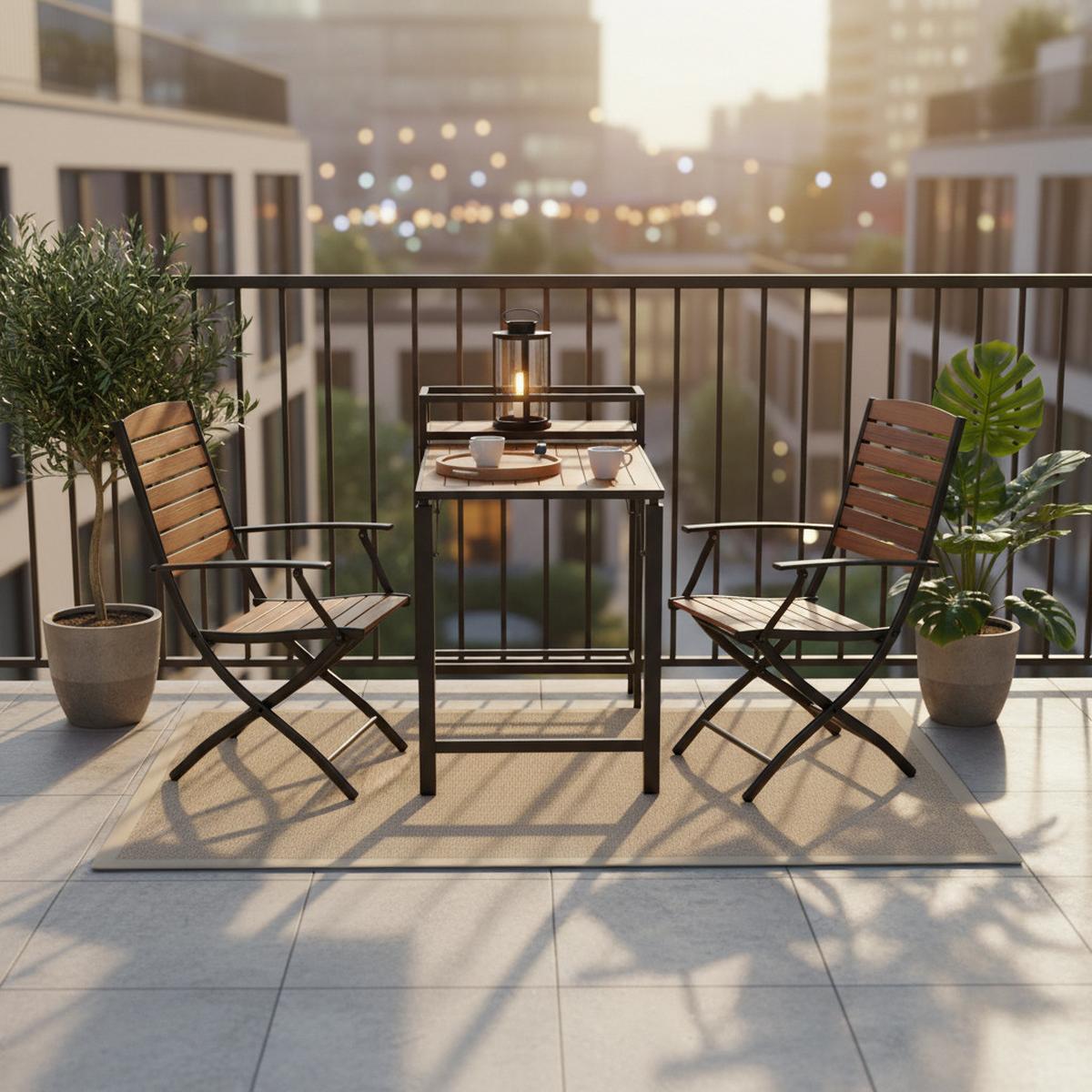 Balkonset Santorin 3-tlg. Alu/Akazie massiv - Graphitfarben/Naturfarben, MODERN, Holz/Metall - Gardenson