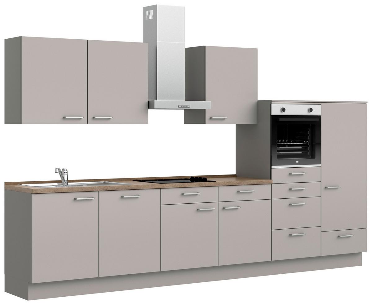 Küchenblock Touch Low m. Geräten Grau - Eiche dunkel/Edelstahlfarben, MODERN, Holzwerkstoff/Metall (360cm) - Nobilia