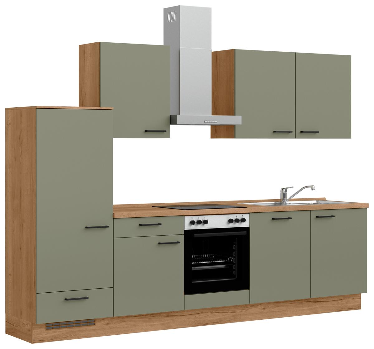 Küchenleerblock Senso Low o. Geräte Olivgrün - Eichefarben/Schwarz, MODERN, Holzwerkstoff/Metall (300cm) - Nobilia