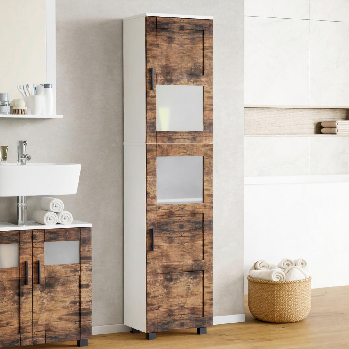Hochschrank Nilari - Weiss/Eichefarben, Trend, Glas/Holzwerkstoff (38/165/28cm) - MID.YOU