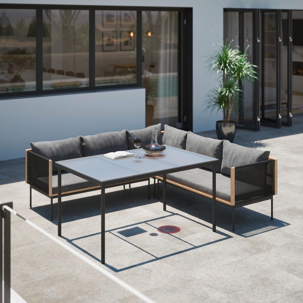 Dining-Loungeset Bella Outdoorgewebe - Dunkelgrau/Schwarz, Modern, Glas/Kunststoff (203/66/77cm) - Bessagi Garden