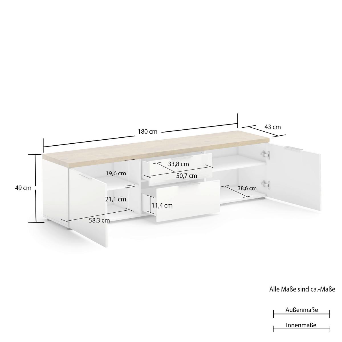 KOMODA NISKA IDEA - biały wysoki połysk/czarny, Design, materiał drewnopochodny/tworzywo sztuczne (180/49/43cm) - Xora