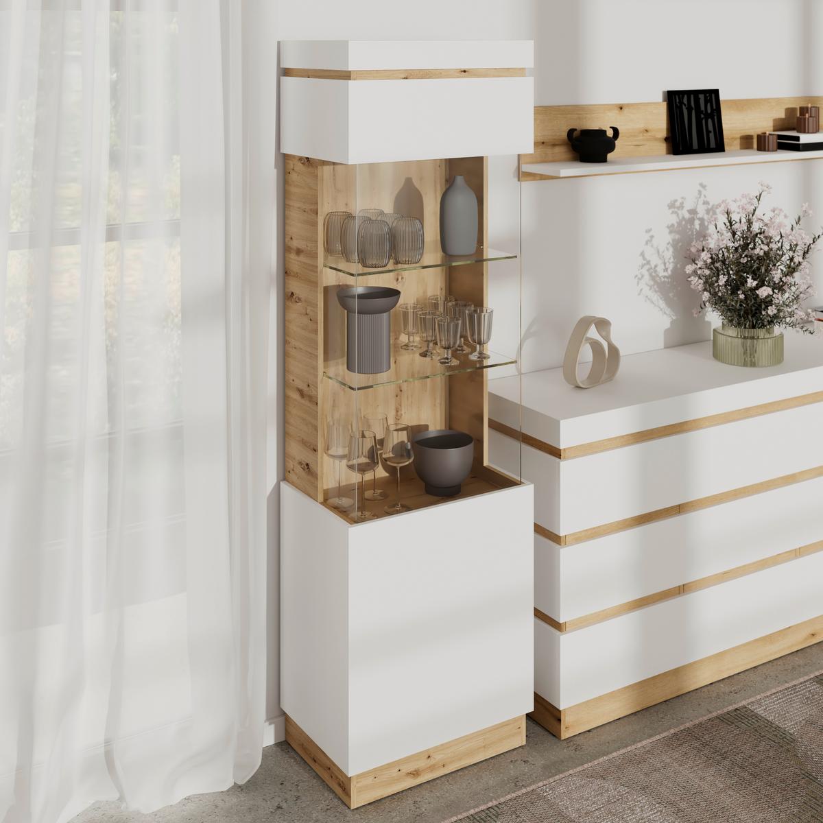 Vitrină CALABRIA - alb/culoare lemn stejar, Trend, sticlă/material pe bază de lemn (60,1/200,5/40cm) - Modern Living