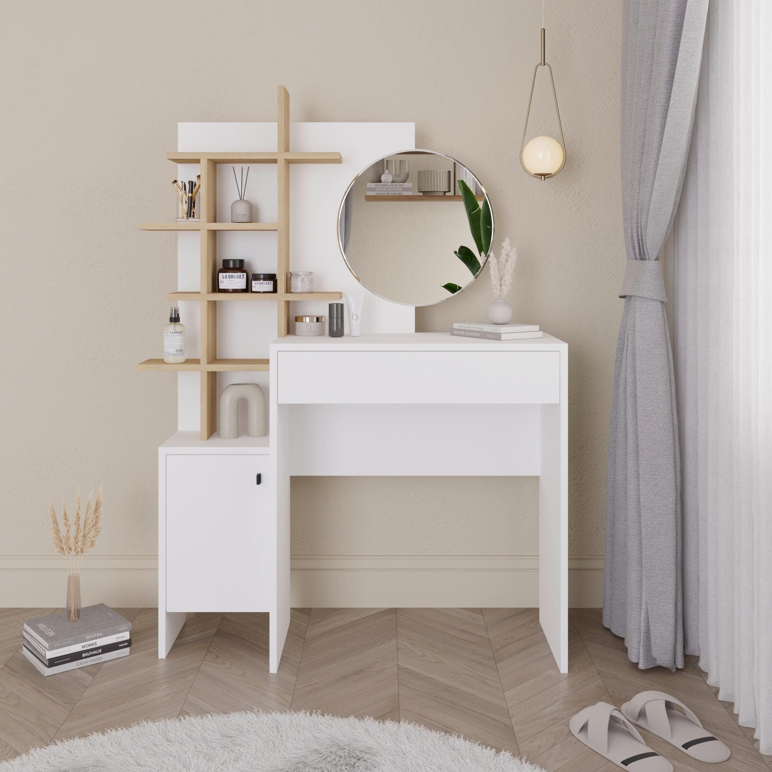 Schminktisch Mup m. Spiegel ca. 105x151 cm Weiß/Eiche - Design (105/35/151cm) - Livetastic