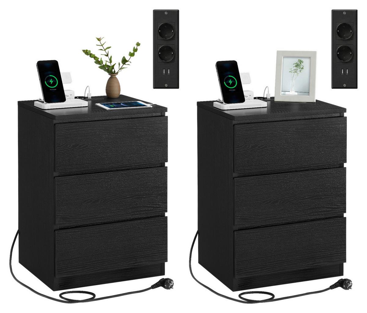 Nachtkästchen-Set Schwarz 2er-Set mit USB-Anschluss - Schwarz, MODERN, Holzwerkstoff (40/59/35cm) - MID.YOU
