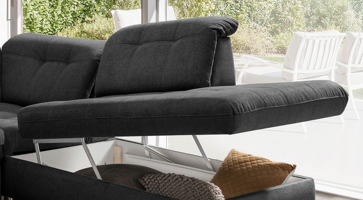 Wohnlandschaft Rigatti Anthrazit Chenille Bettkasten - Anthrazit/Schwarz, MODERN, Textil/Metall (184/387/252cm) - Livetastic