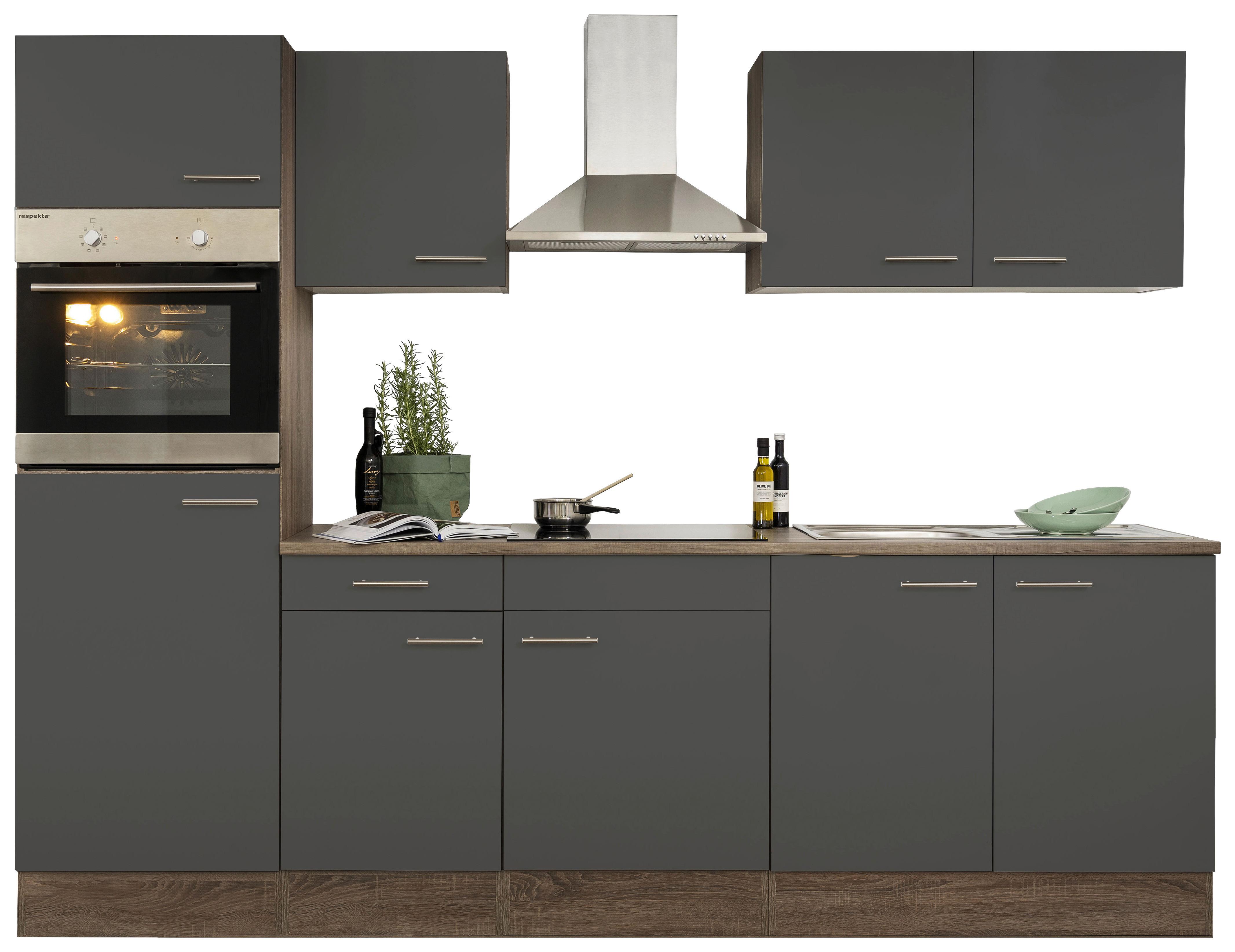 Küchenzeile mit Geräte Grau /Eiche Dekor B: ca. 270 cm - Edelstahlfarben/Eichefarben, Design, Holzwerkstoff/Metall (270cm) - Respekta