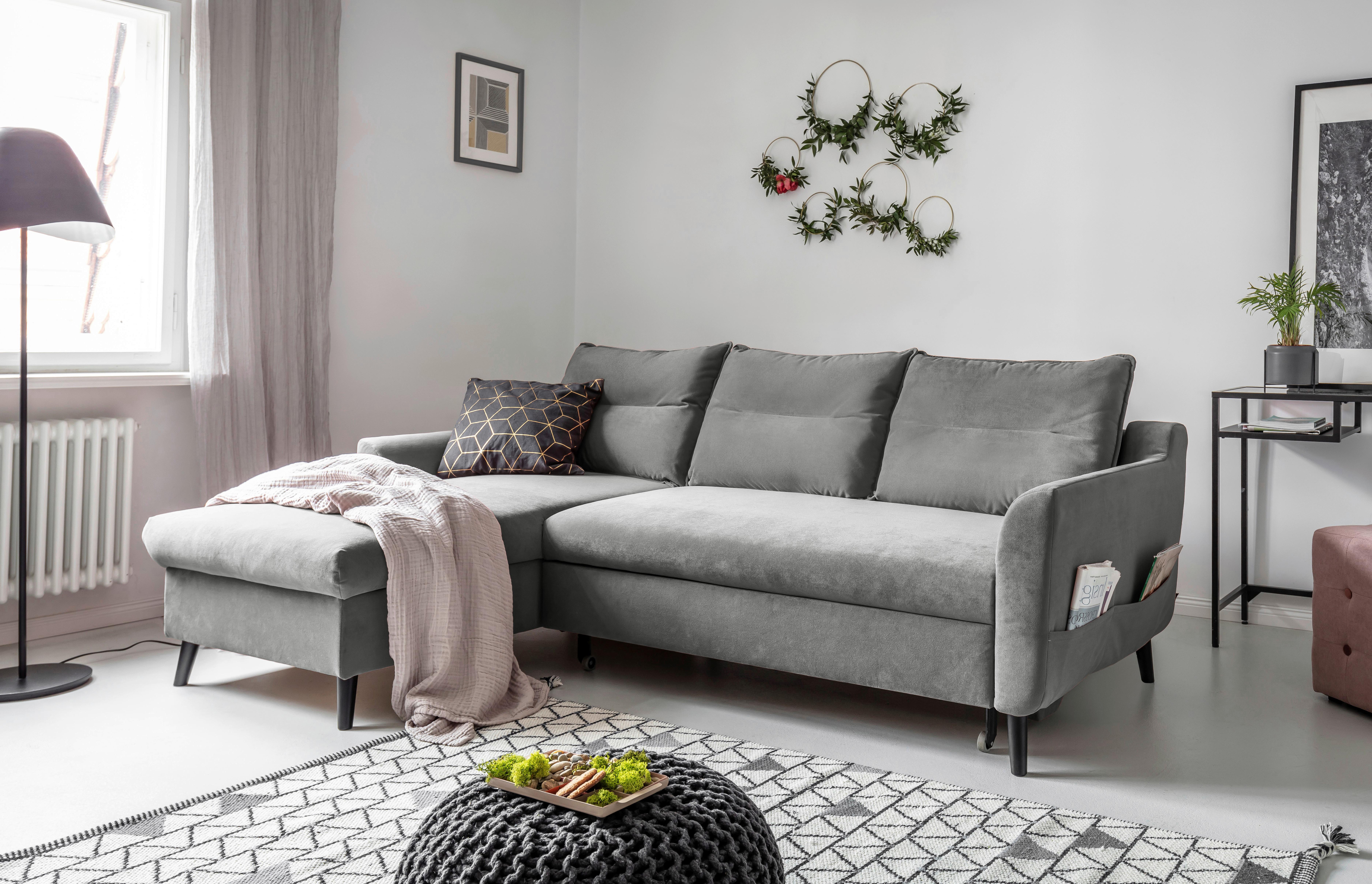 Eckschlafsofa in Hellgrau ´STYLISH STAN HELLGRAU´ - Hellgrau/Schwarz, Basics, Holz/Textil (150/230cm) - MID.YOU