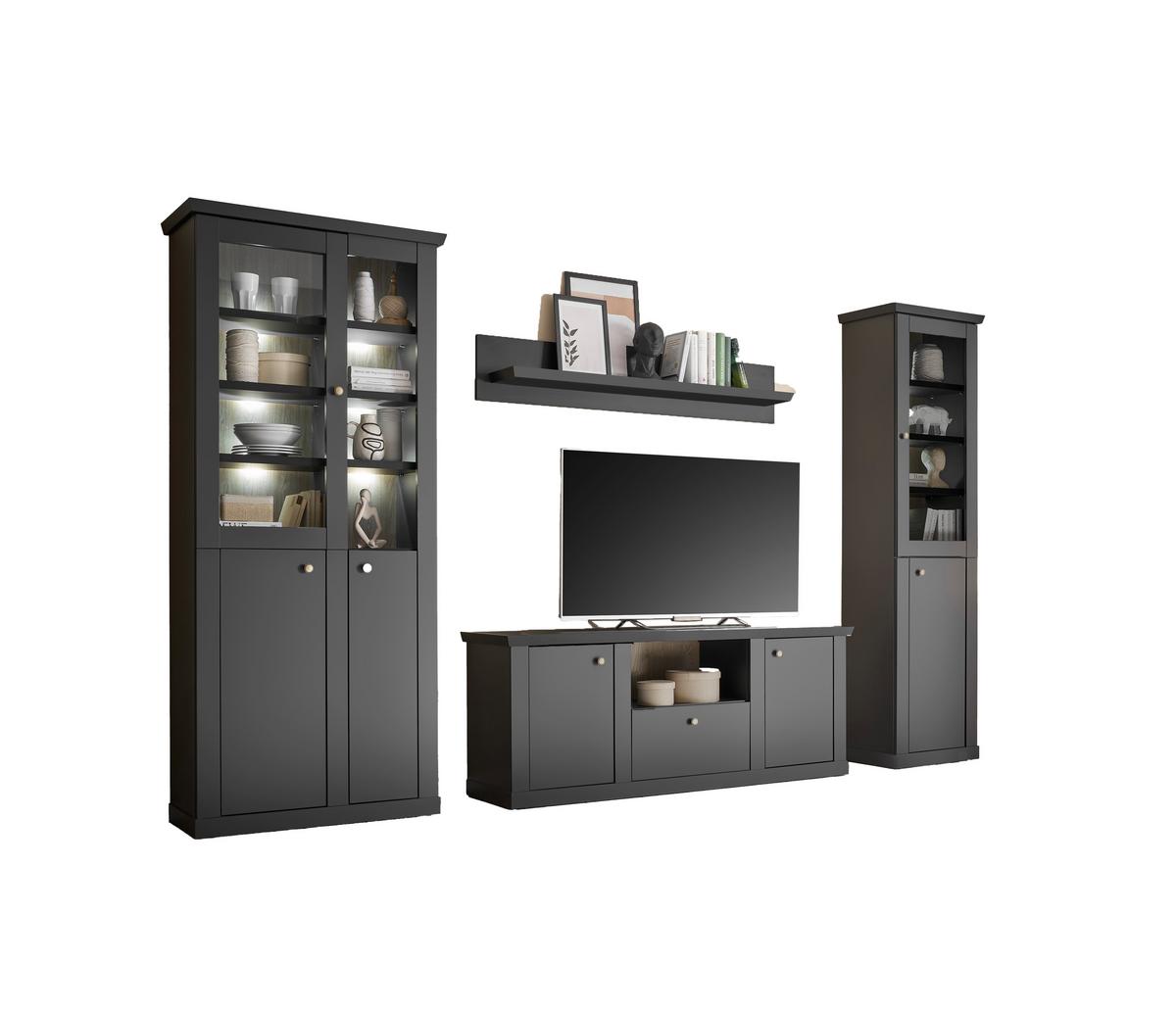 Wohnwand Lincoln Schwarz/Eichefarben B: 319cm - Eichefarben/Messingfarben, Design, Holzwerkstoff/Metall (319/200/42cm) - MID.YOU