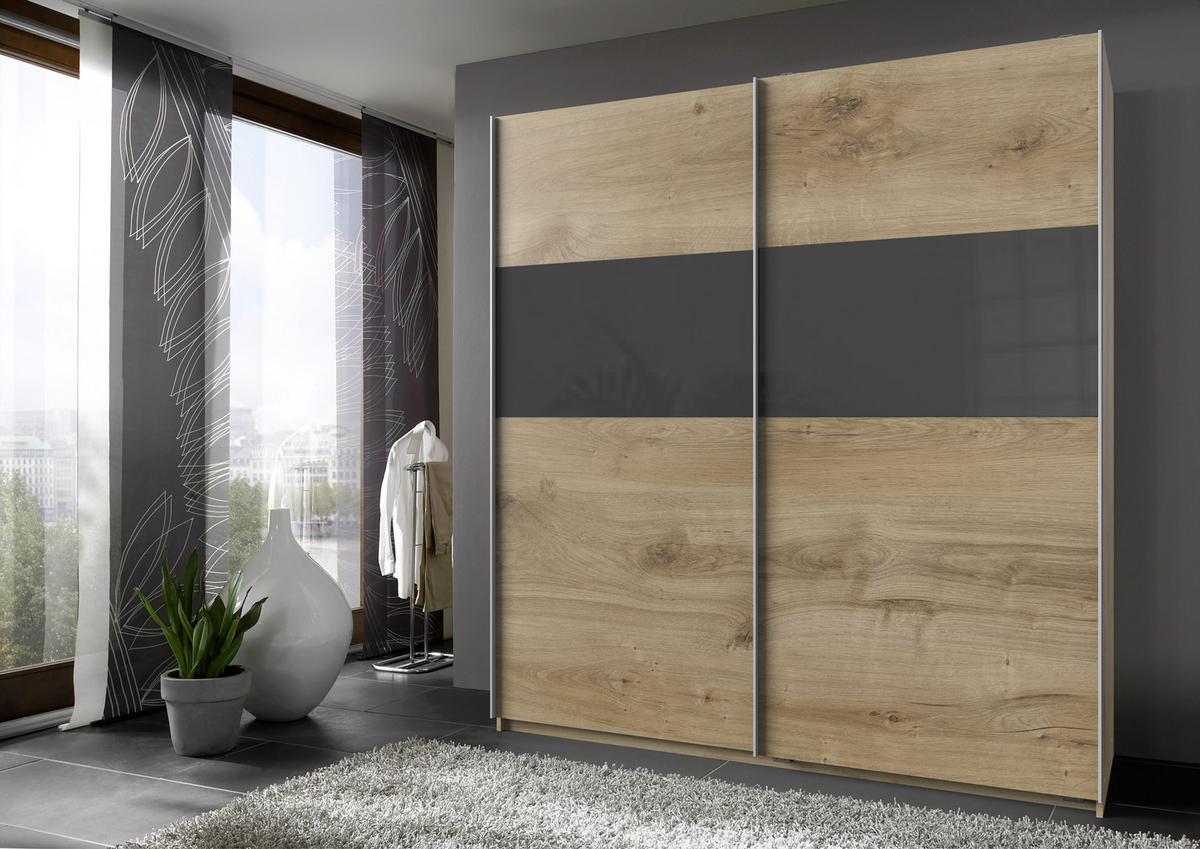 Schwebetürenschrank in Grau/Eichefarben - Eichefarben/Alufarben, Holzwerkstoff/Metall (180/200/64cm) - Mömax