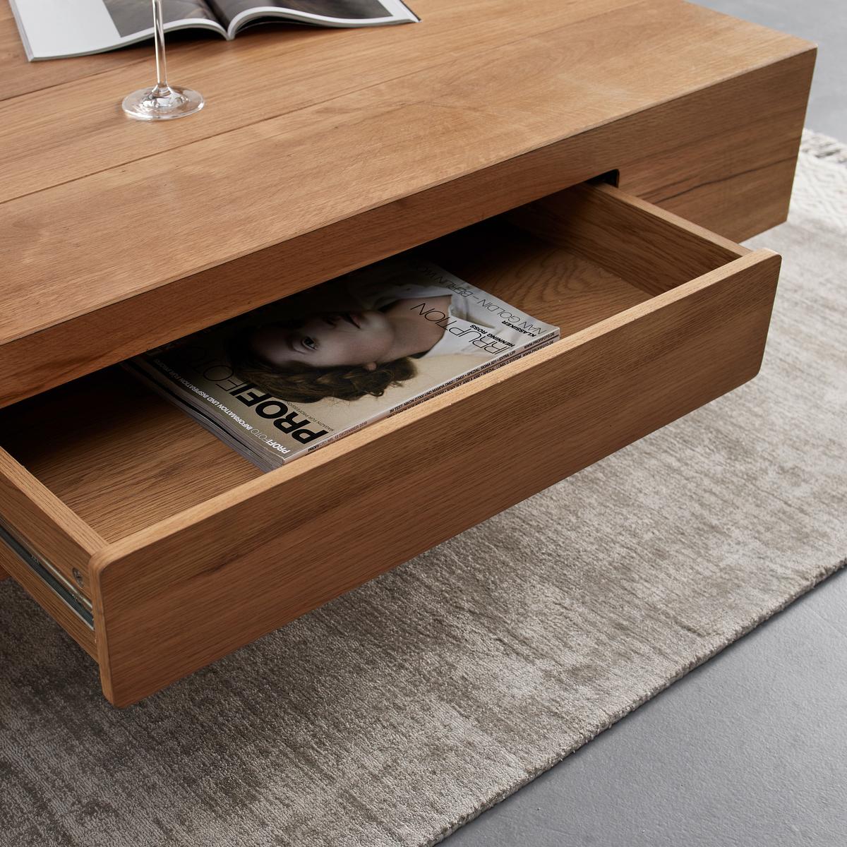 Couchtisch "Davide", ca. 130x80 cm, aus Eiche, massiv - Eichefarben/Schwarz, MODERN, Holz/Metall (130/40/80cm) - Bessagi Home