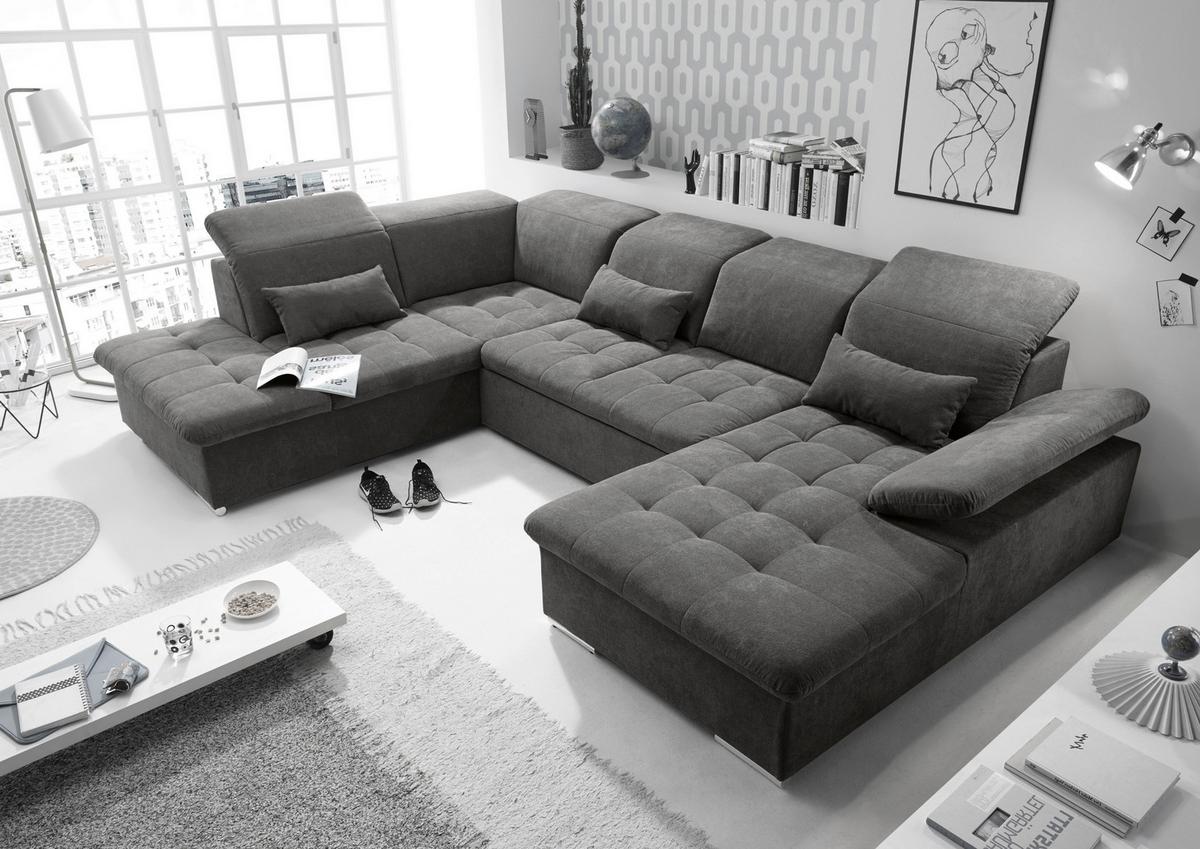 Wohnlandschaft Wayne U inkl. Kissen Dunkelgrau - Dunkelgrau/Silberfarben, KONVENTIONELL, Kunststoff/Textil (240/340/188cm) - MID.YOU