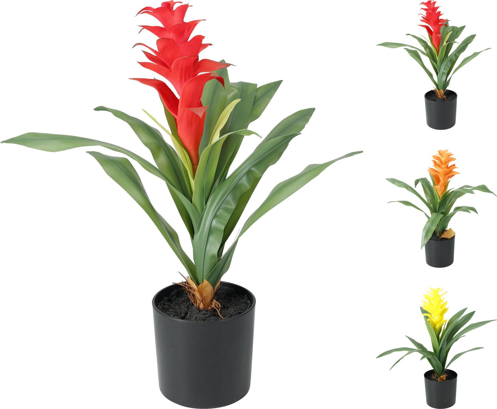Műnövény Bromélia - sárga/piros, műanyag (12/44cm)