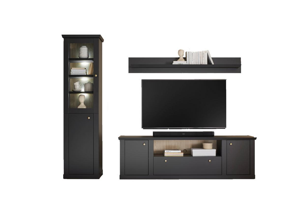 Wohnwand Lincoln Schwarz/Eichefarben B: 270cm - Eichefarben/Messingfarben, Design, Holzwerkstoff/Metall (270/200/42cm) - MID.YOU