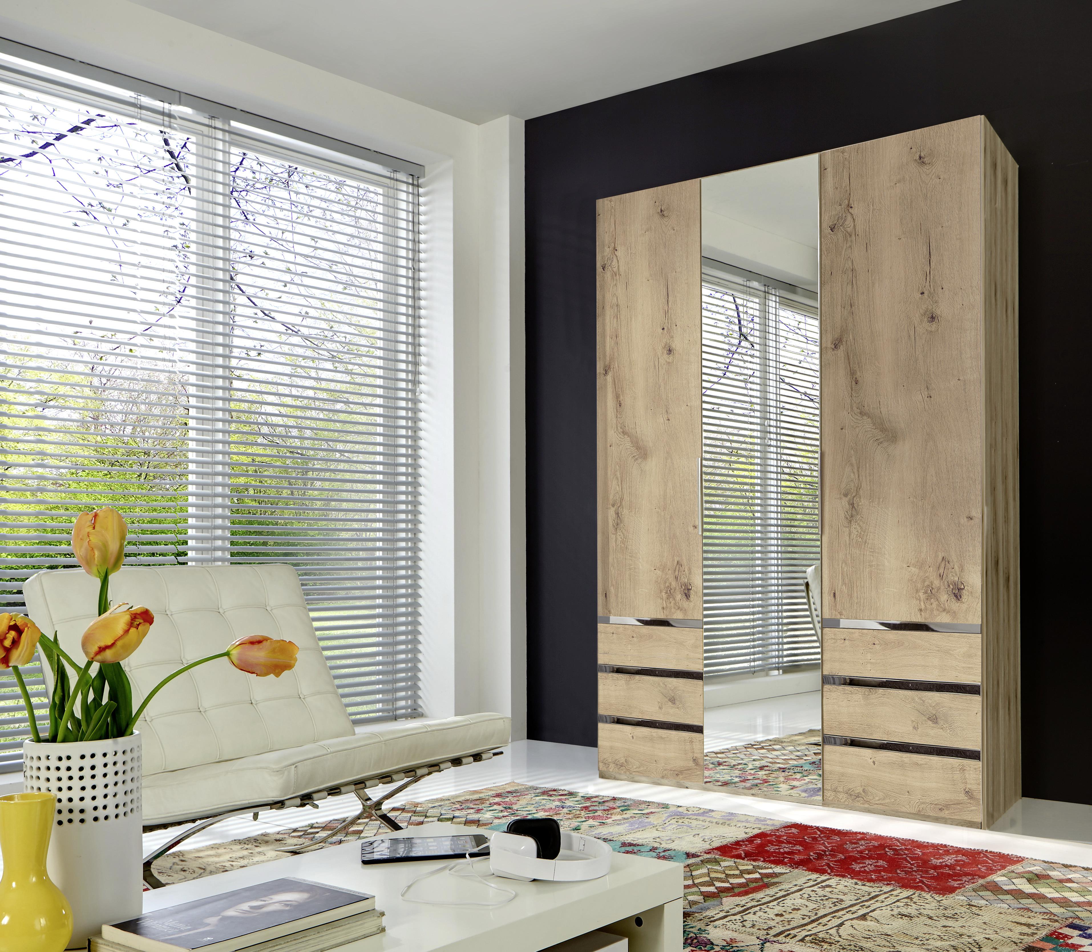 Drehtürenschrank Level 36A mit Spiegel ca. 150 cm Eiche Dekor - Chromfarben/Eichefarben, MODERN, Glas/Holzwerkstoff (150/216/58cm) - MID.YOU