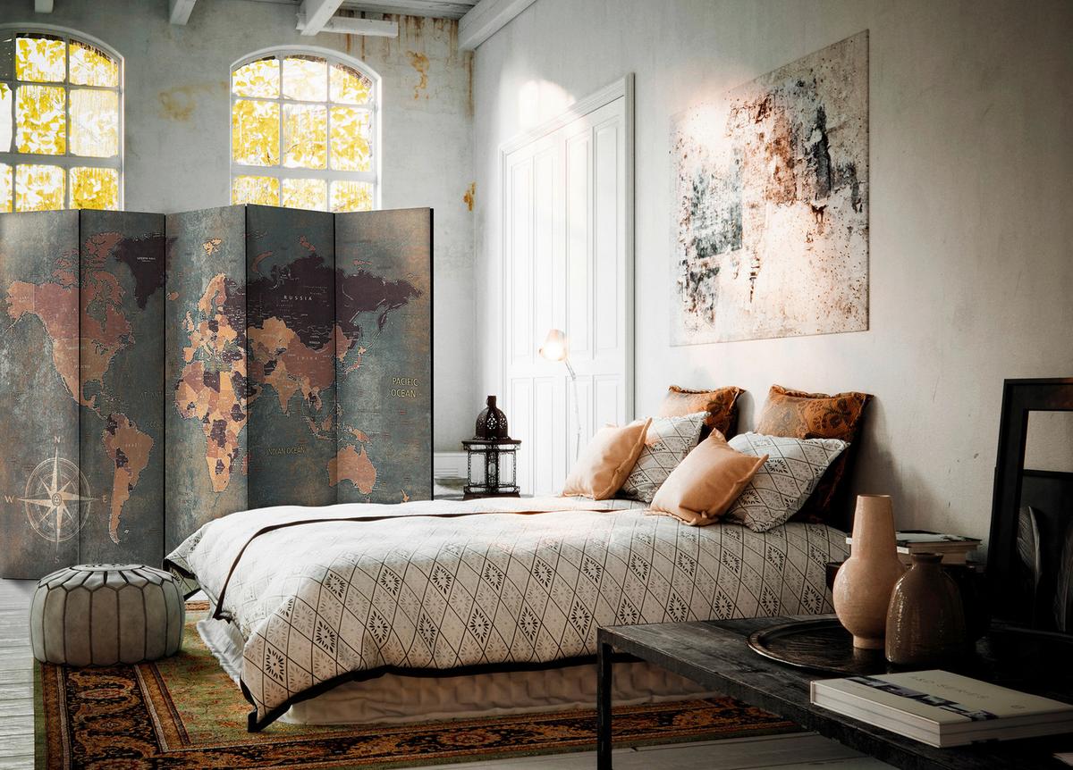 Paravan Map In Browns And Greys, 5-Delni, Enostranski - siva/rjava, Basics, tekstil/les (225/172/3cm) - artgeist