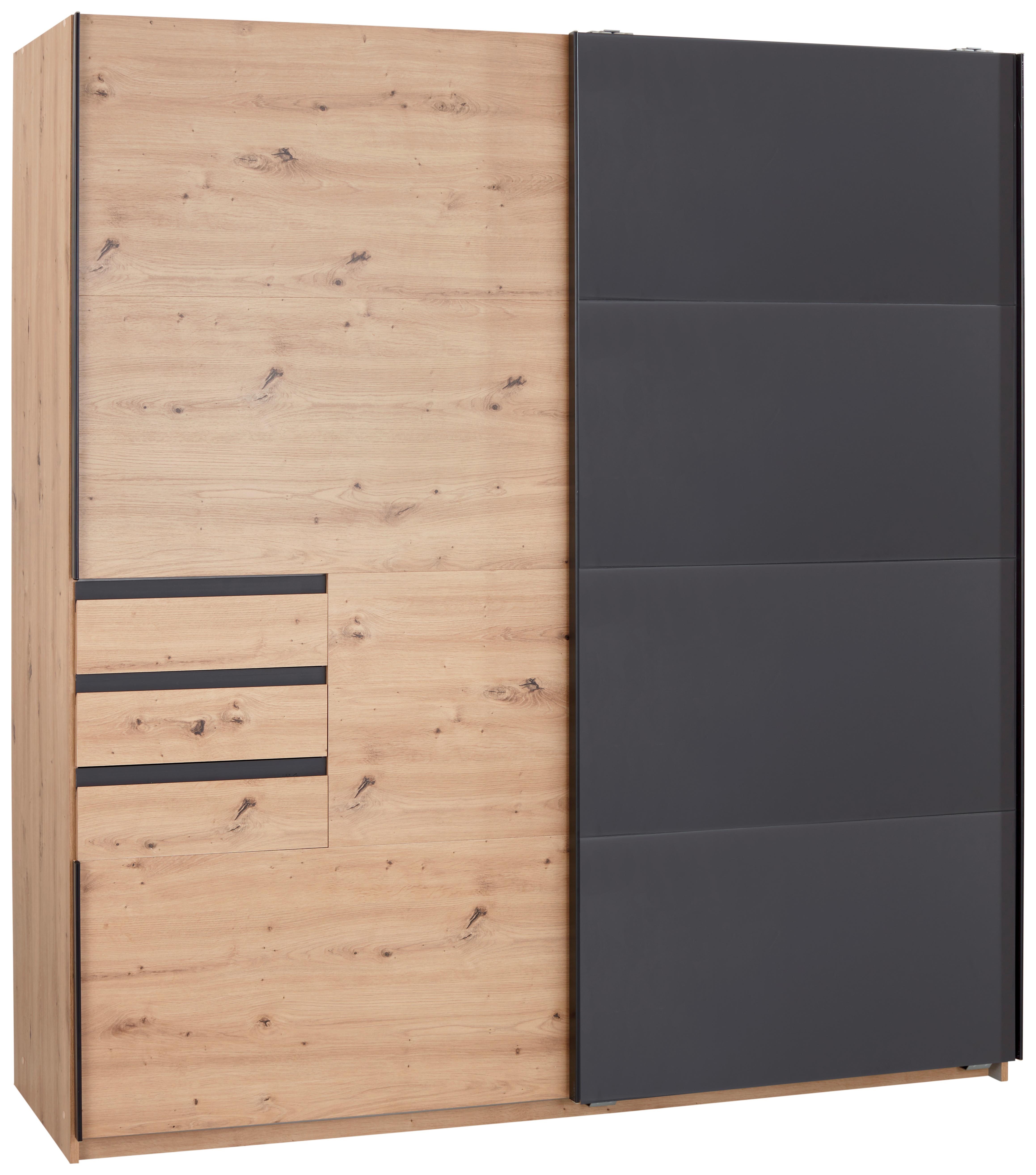 Schwebetürenschrank Oldenburg in Grau/Eiche ca. 180x198x64cm - Eichefarben/Schwarz, KONVENTIONELL, Holzwerkstoff/Kunststoff (180/198/64cm) - Mömax