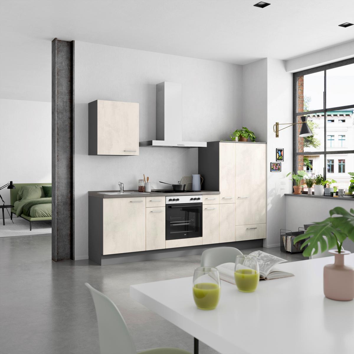 Küchenblock Riva Low m. Geräten Weiß - Schieferfarben/Edelstahlfarben, MODERN, Holzwerkstoff/Metall (270cm) - Nobilia
