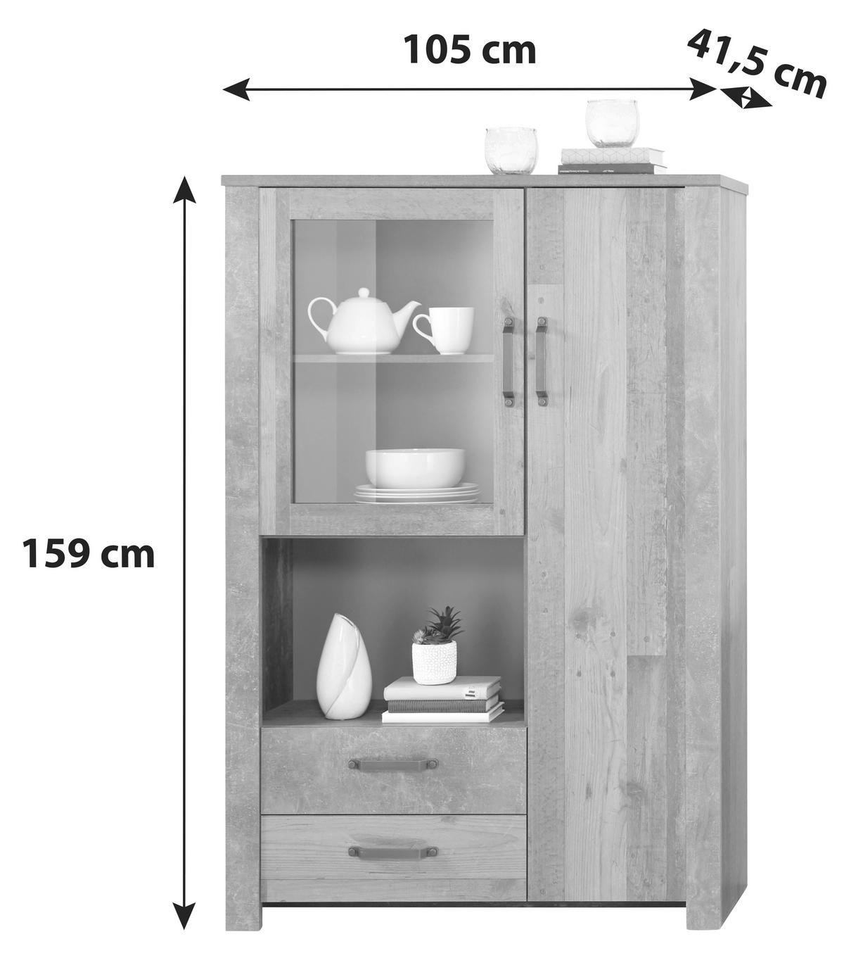 Vitrină Ontario - gri închis/culoare lemn stejar, Trend, sticlă/material pe bază de lemn (105/159/41,5cm) - Modern Living