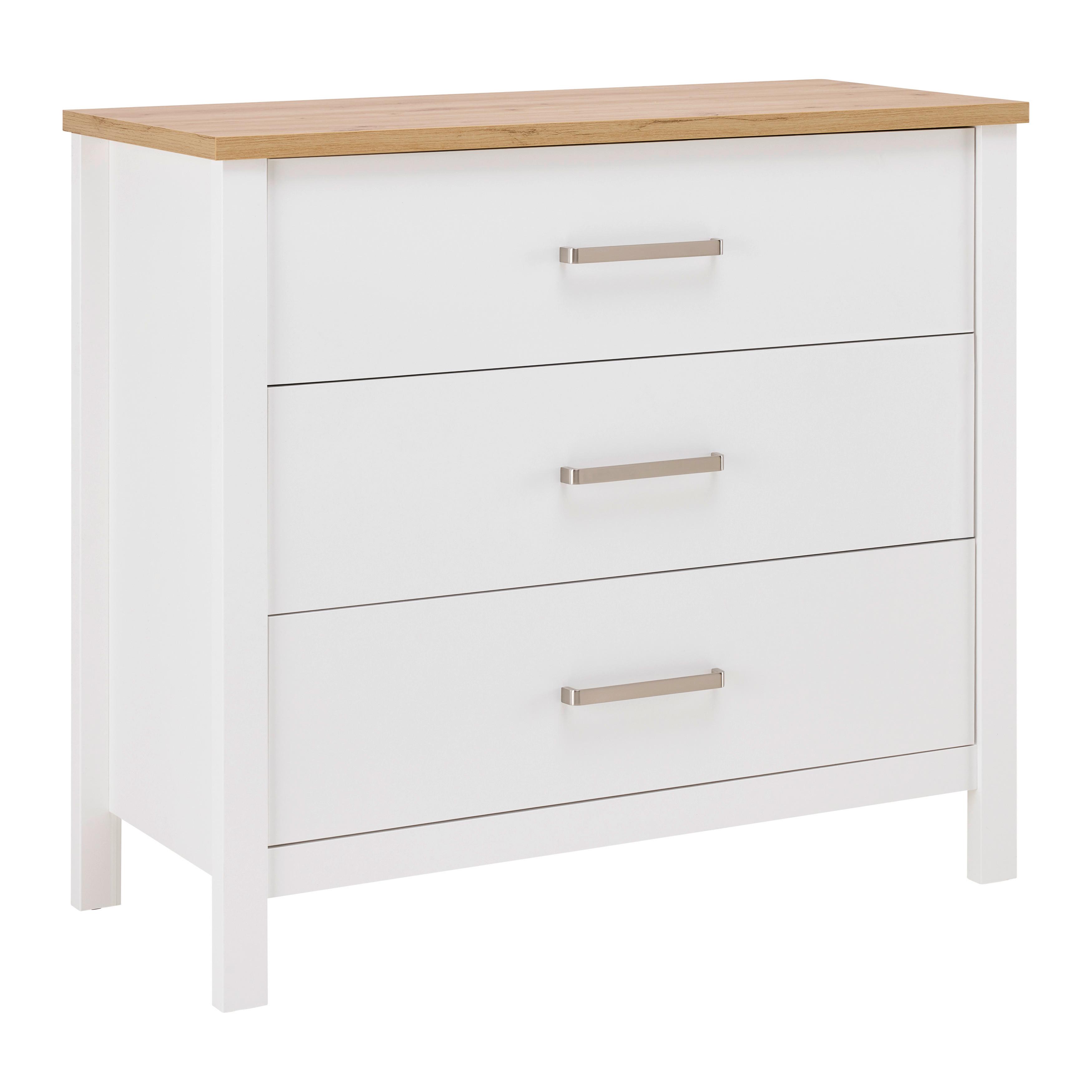 Kommode Sicilia Weiß/Eiche - Silberfarben/Weiß, ROMANTIK / LANDHAUS, Holzwerkstoff/Metall (103/92/45cm) - Mömax