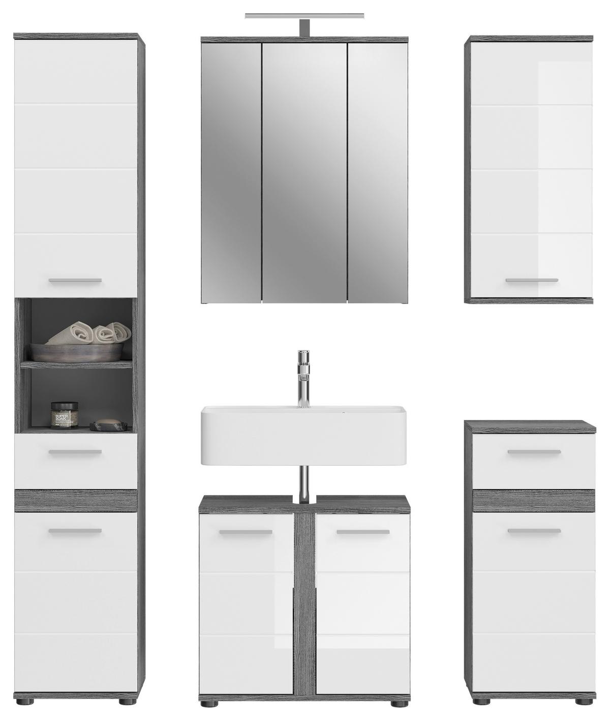 Badezimmer-Set BLAKE 5-teilig, Weiß Hochglanz - Weiß Hochglanz/Silberfarben, MODERN, Glas/Holzwerkstoff (150cm) - MID.YOU