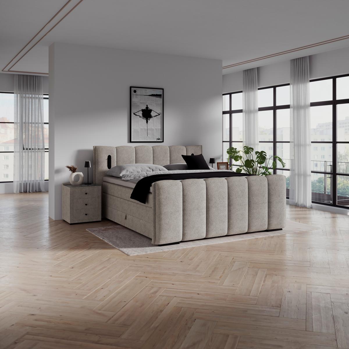 Boxspring Krevet Elysia - prirodne boje/crna, Trend, drvni materijal/drvo (160/220cm) - Premium Living