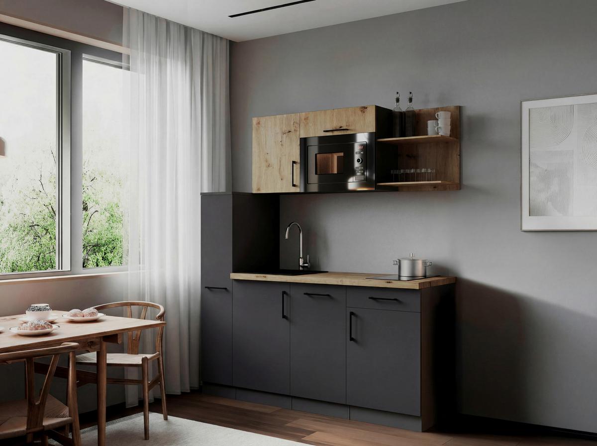 Küchenblock Oliver m. Geräten Grau - Eiche Artisan/Grau, Trend, Holzwerkstoff/Metall (175cm) - Respekta