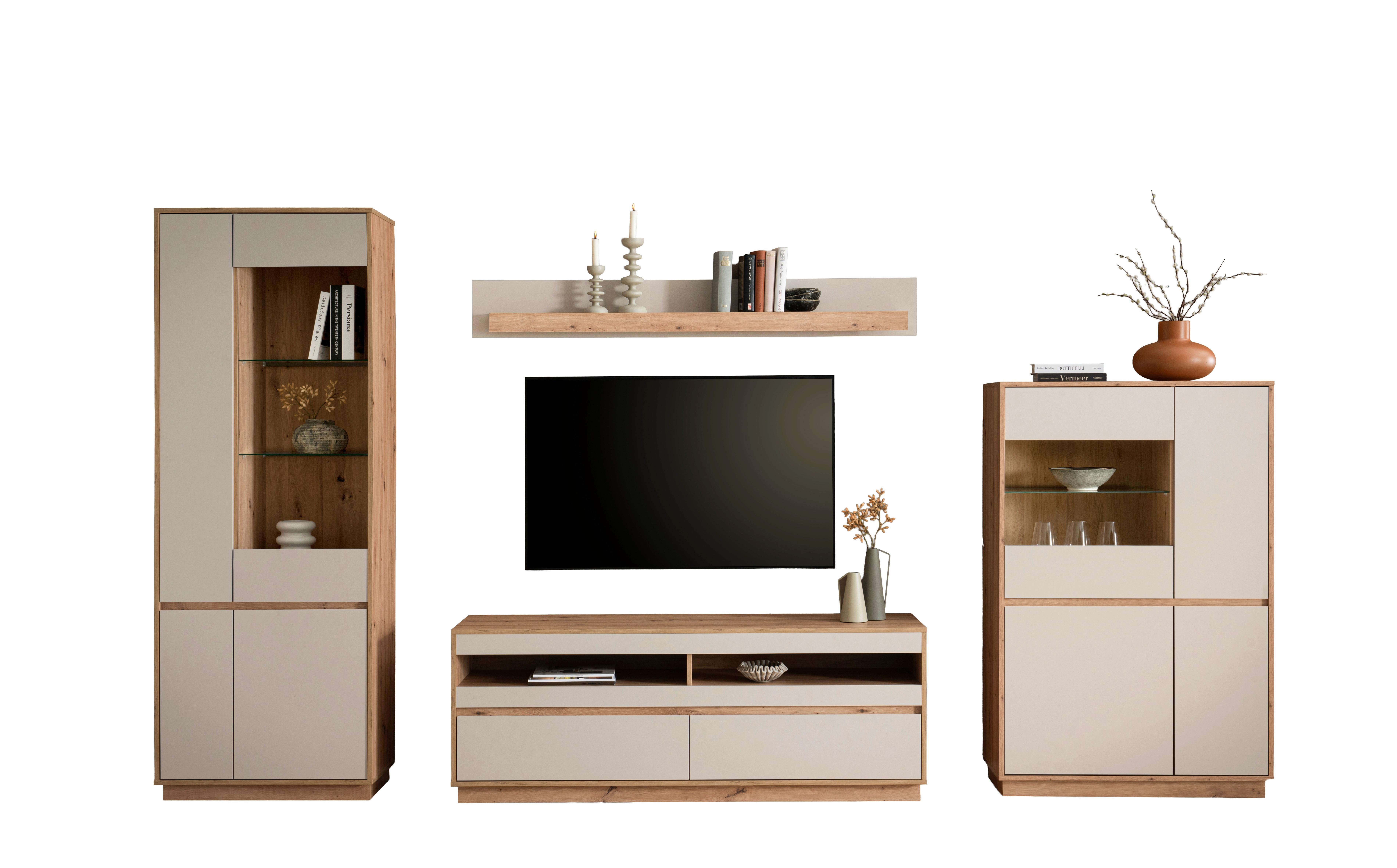 WOHNWAND SONORA - Kaschmir/Eiche Artisan, Design, Glas/Holzwerkstoff (342/205/40cm) - MID.YOU