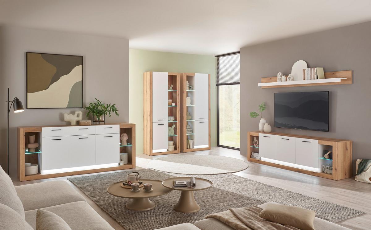 WOHNWAND BRIXEN - Eichefarben/Schwarz, Design, Glas/Holzwerkstoff (180/195/37cm) - MID.YOU