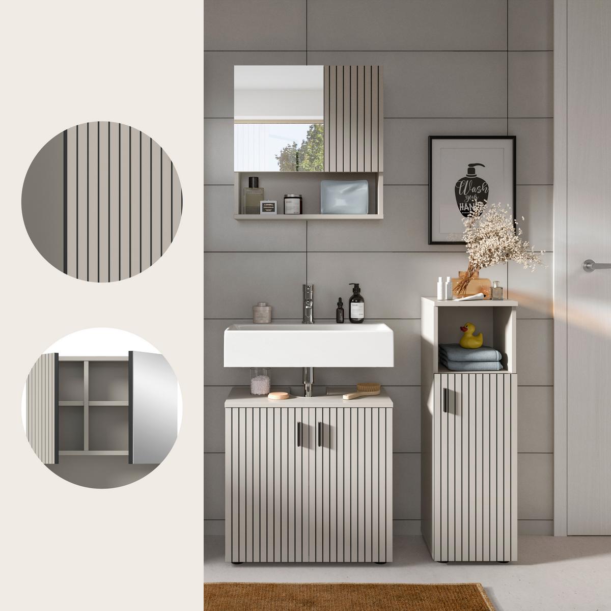 Badezimmer Mone Schwarz/Kaschmir 3-teilig - Kaschmir/Schwarz, Trend, Glas/Holzwerkstoff (90cm) - MID.YOU