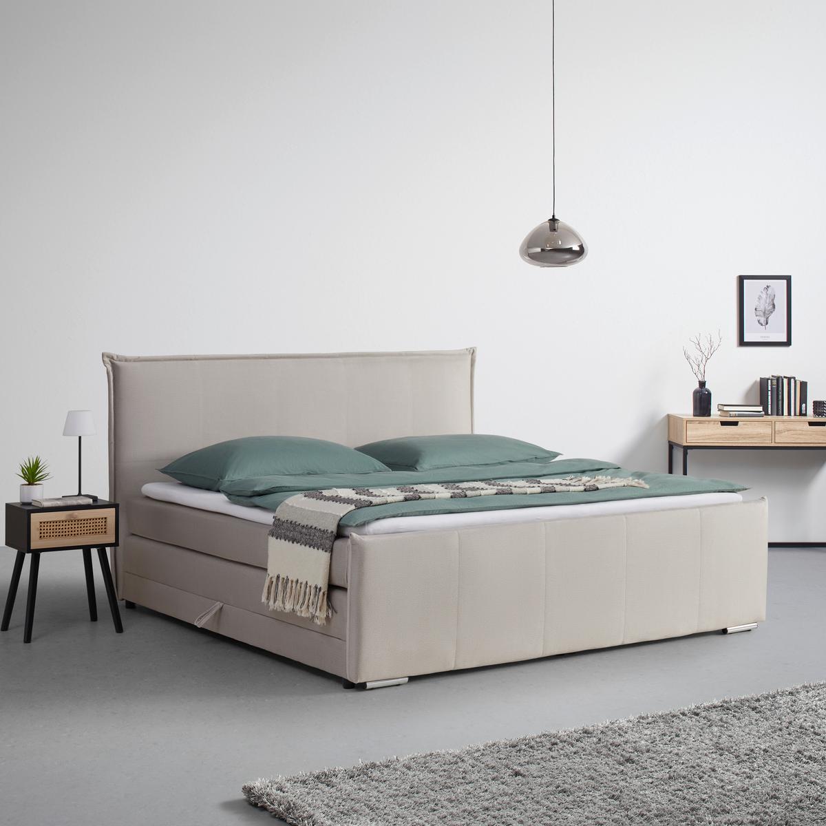 Boxspringbett Leonora ca. 200x200cm Beige mit Topper - Chromfarben/Beige, MODERN, Holz/Textil (200/200cm) - Bessagi Home