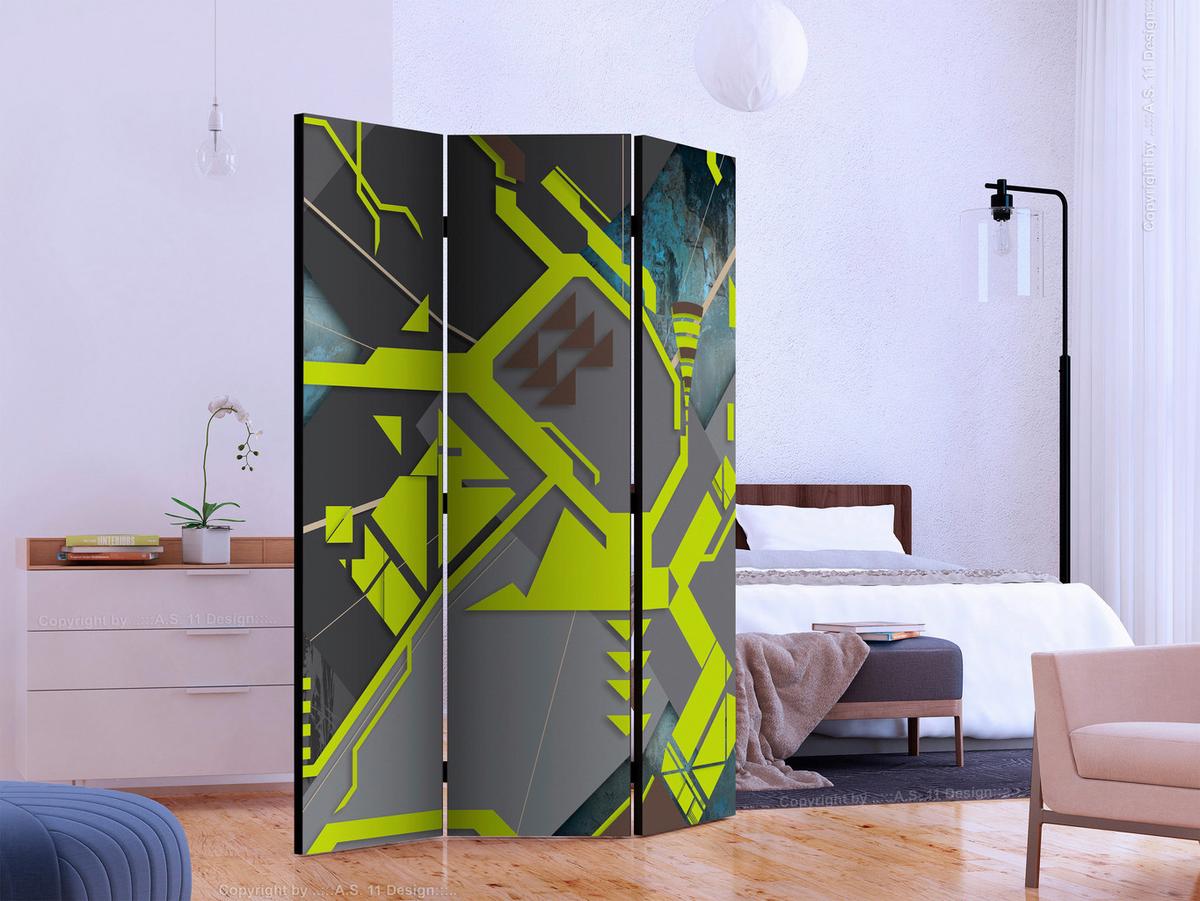 Paravan Dynamic Paths, 3-Delni, Dvostranski - siva/barve limete, Basics, tekstil/les (135/172/3cm) - artgeist