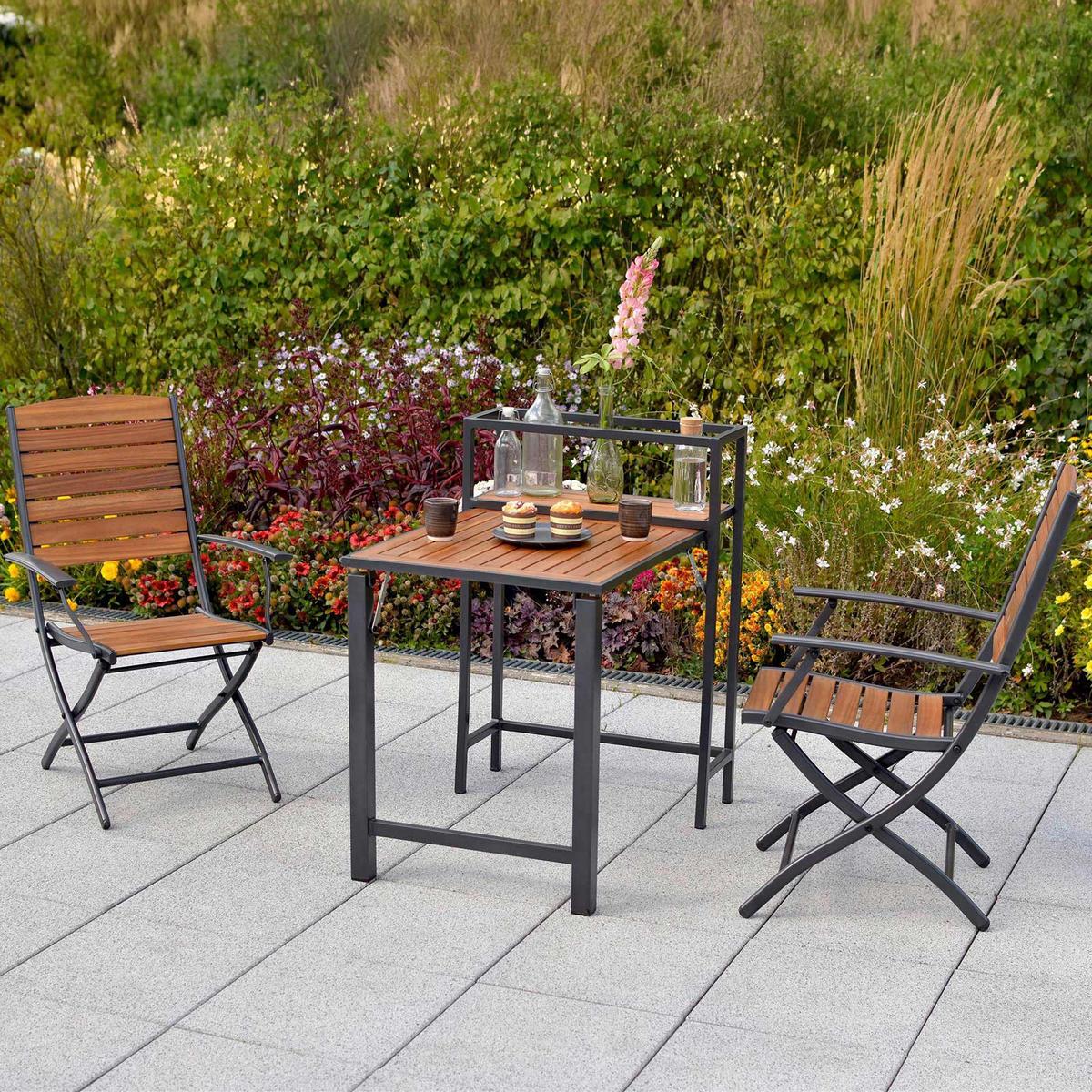 Balkonset Santorin 3-tlg. Alu/Akazie massiv - Graphitfarben/Naturfarben, MODERN, Holz/Metall - Gardenson