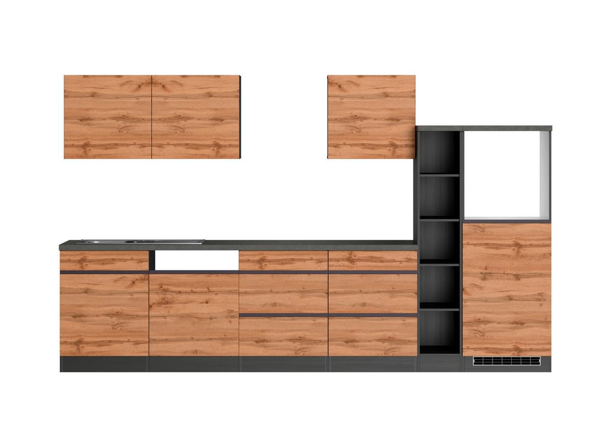 Küchenzeile Turin ohne Geräte ca. 330 cm Graphit/Eiche - Eiche Wotan/Graphitfarben, Design, Holzwerkstoff (330cm) - Held