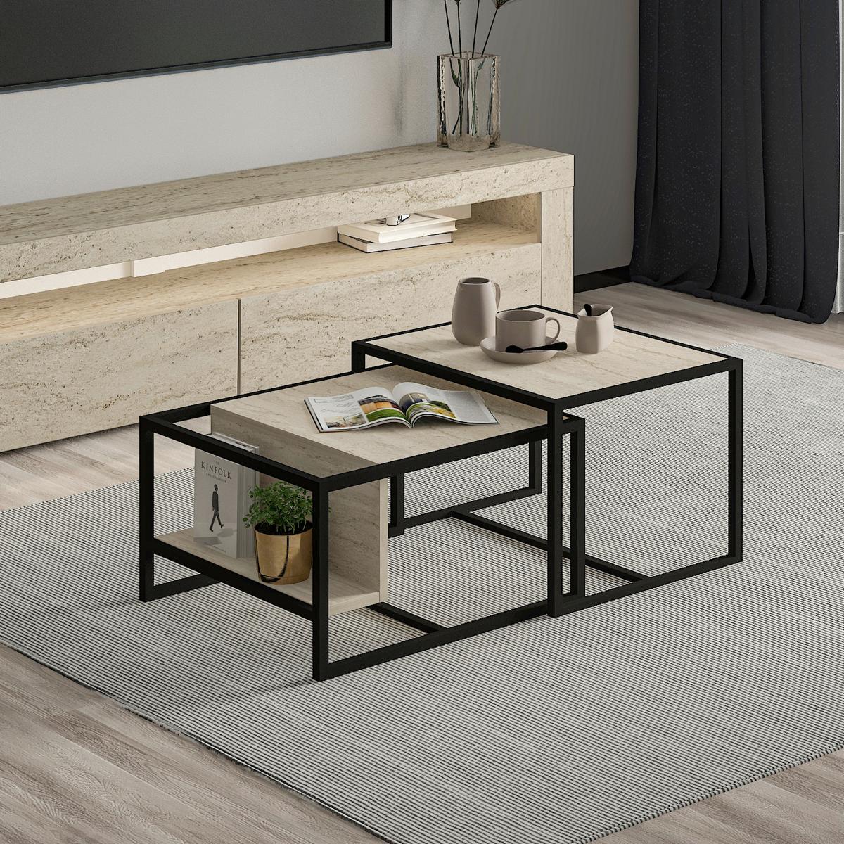 COUCHTISCHSET BATI COUCHTISCH - Beige/Schwarz, Design, Holzwerkstoff/Metall - Livetastic