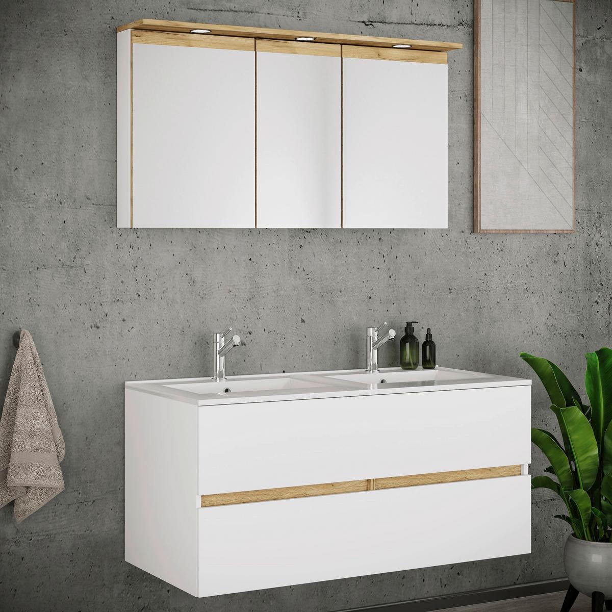 Fürdőszobabútor Cosila - méztölgy színű/fehér, Trend, faalapú anyag/kerámia (112cm) - MID.YOU