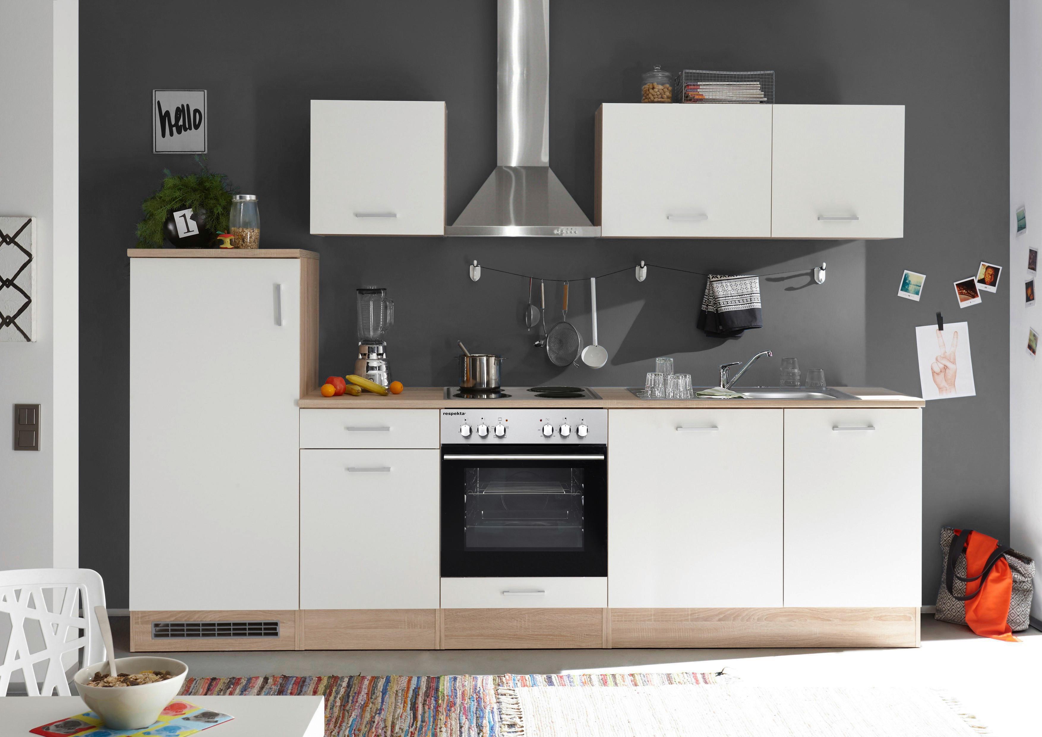 Küchenblock Economy Weiß/ Eiche m. Geräte B: ca. 280 cm - Eichefarben/Weiß, Basics, Holzwerkstoff (280cm) - Respekta