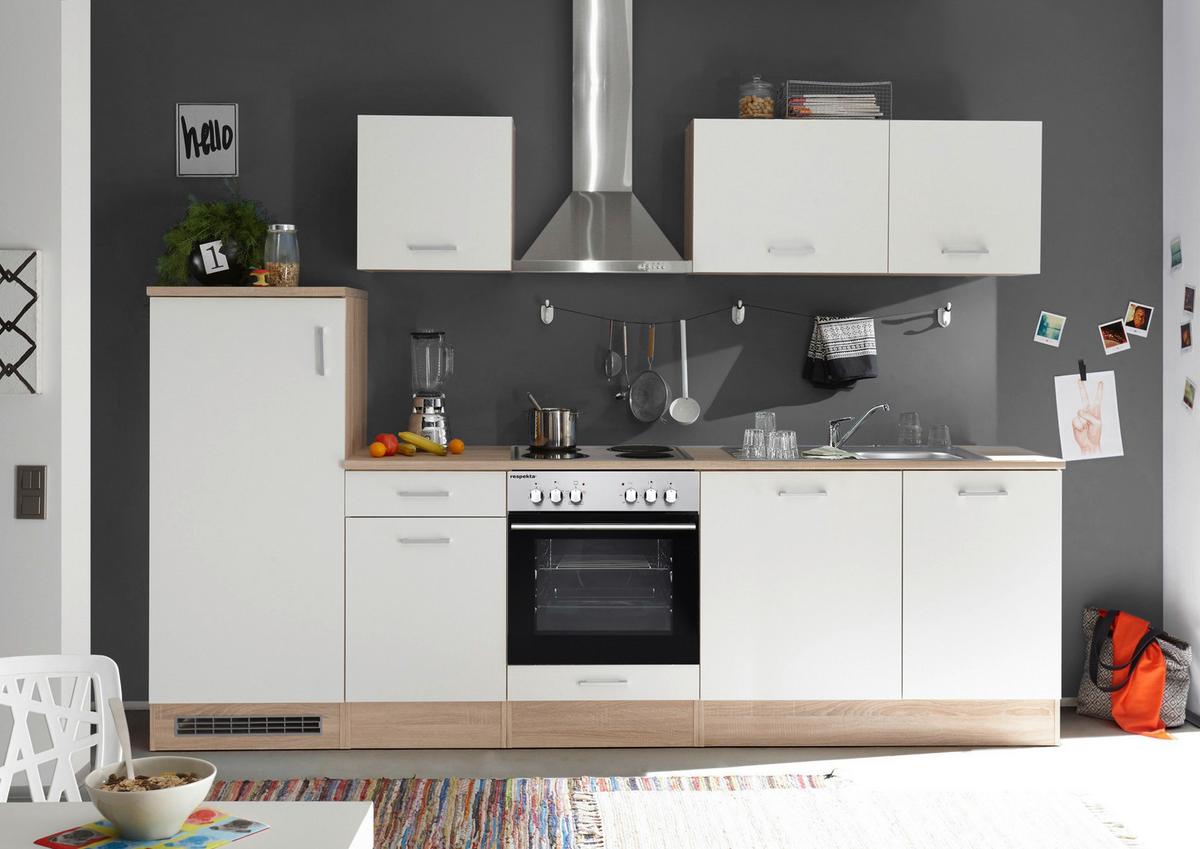 Küchenblock Economy Weiß/ Eiche m. Geräte B: ca. 280 cm - Eichefarben/Weiß, Basics, Holzwerkstoff (280cm) - Respekta