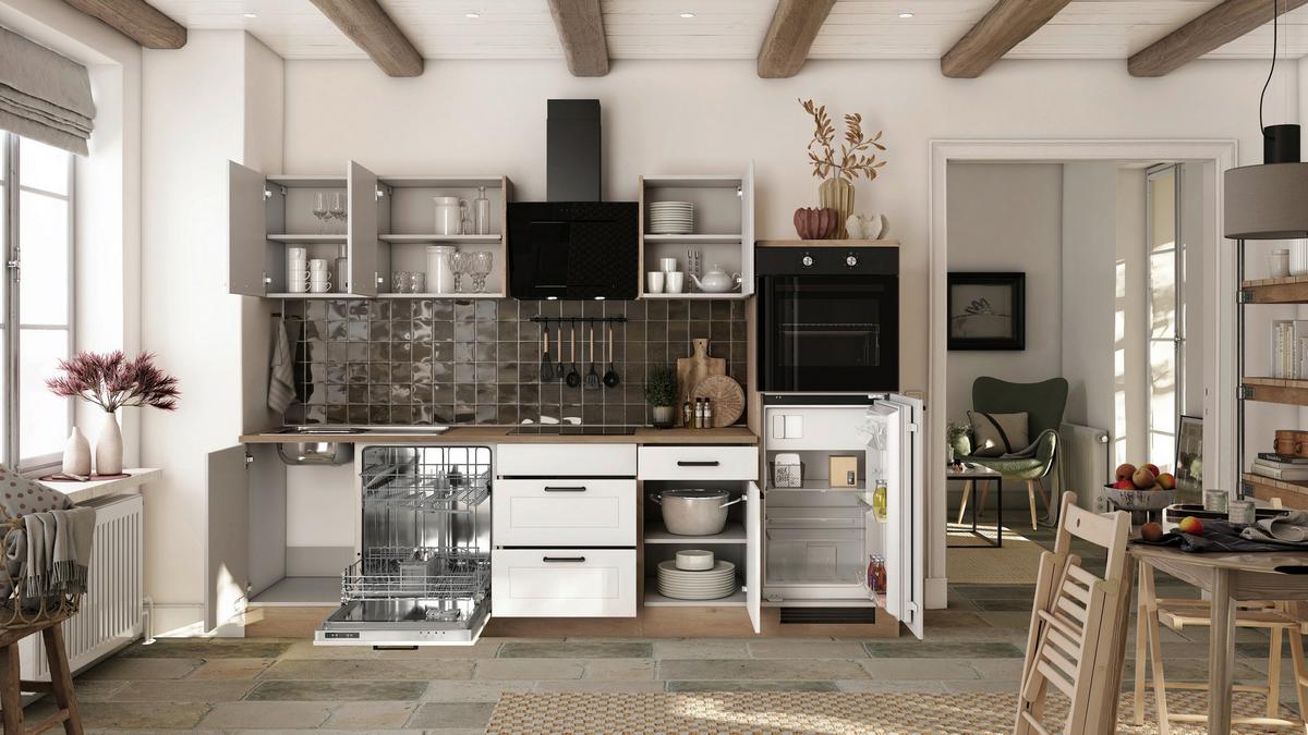 Kuhinjski Blok Z Aparati Julia, Bela, Barva Hrasta - črna/barve hrasta, Basics, kovina/leseni material (280cm) - FlexWell