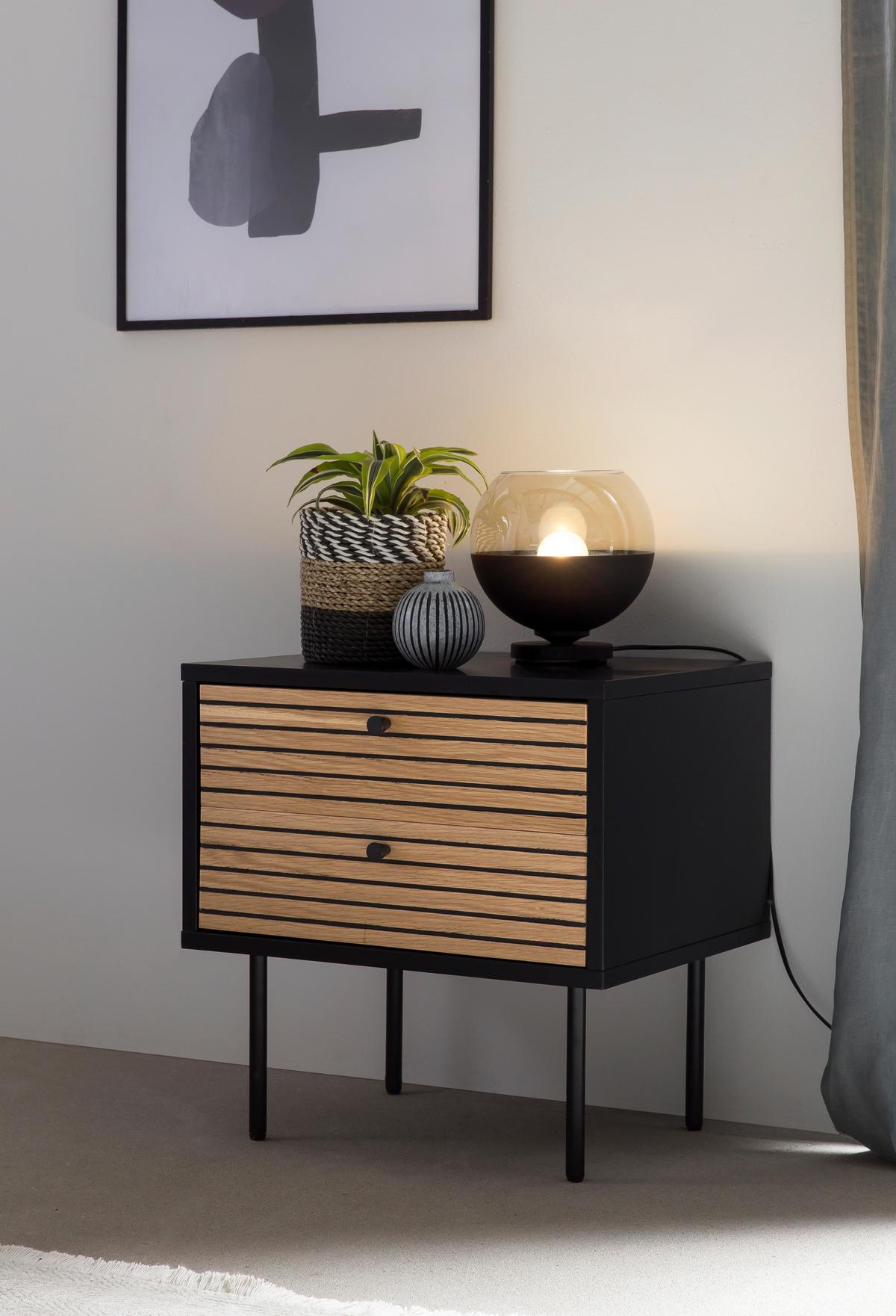 Majhna Nočna Omarica Night, Črna, Barva Hrasta - črna/barve hrasta, Design, kovina/leseni material (50/50/40cm) - Livetastic