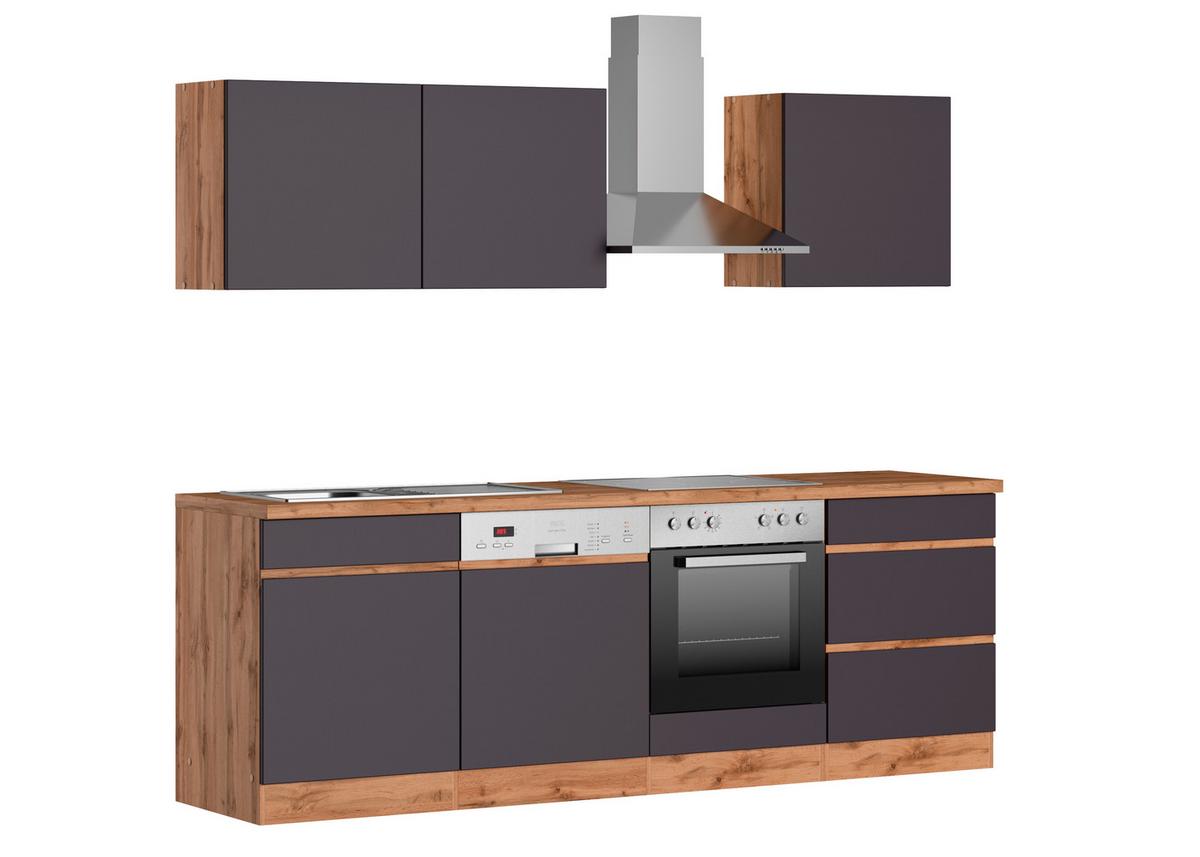 Küchenblock Turin mit Geräten ca. 240 cm Grau/Eiche - Eiche Wotan/Grau, Design, Holzwerkstoff (240cm) - Held
